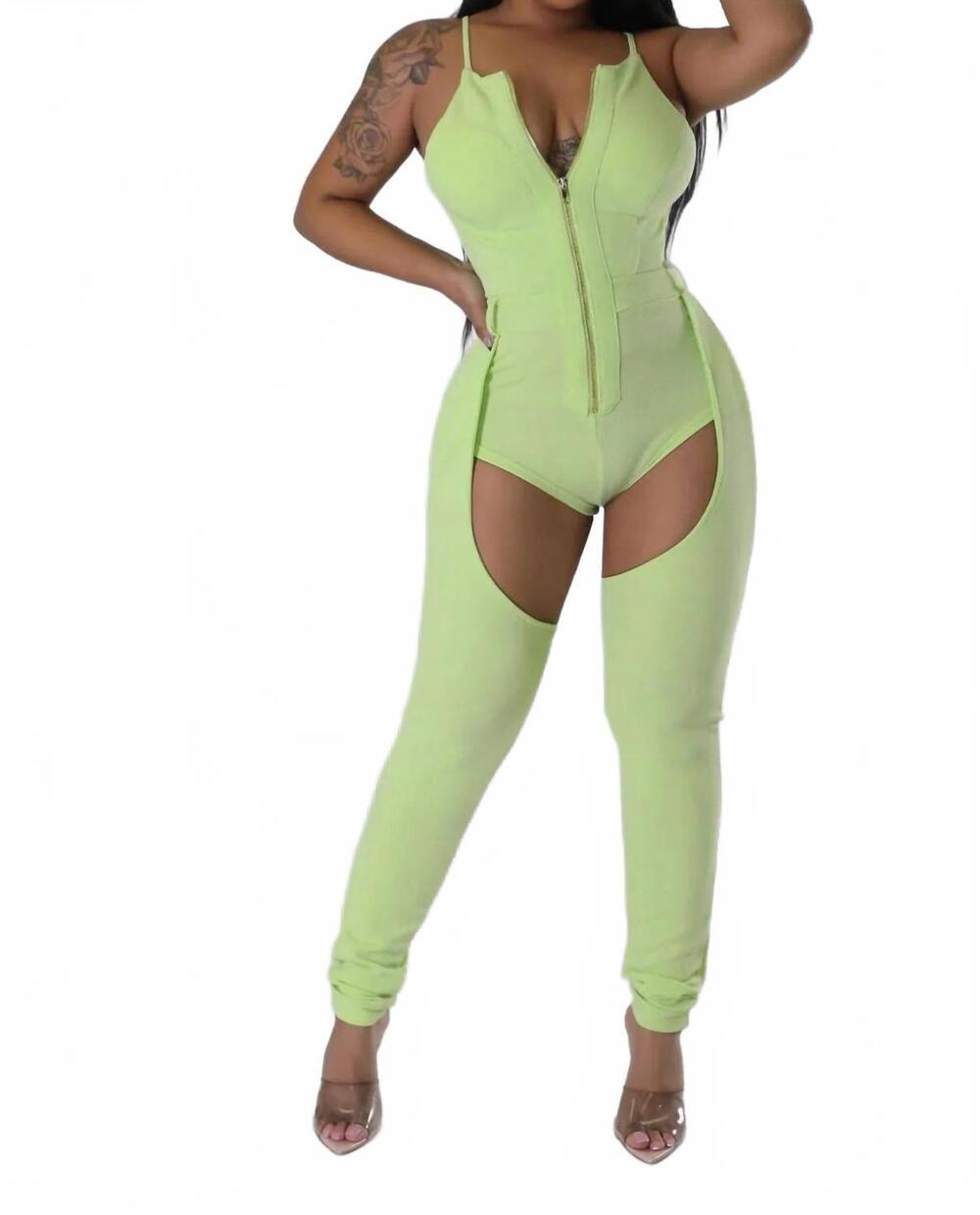 NEW GOOD TIME USA motion - back & front thigh cut out jumpsuit in lime